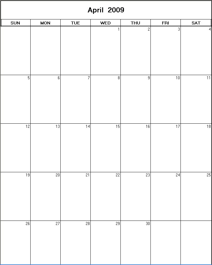 printable blank calendar image for April 2009