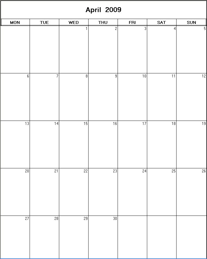 printable blank calendar image for April 2009