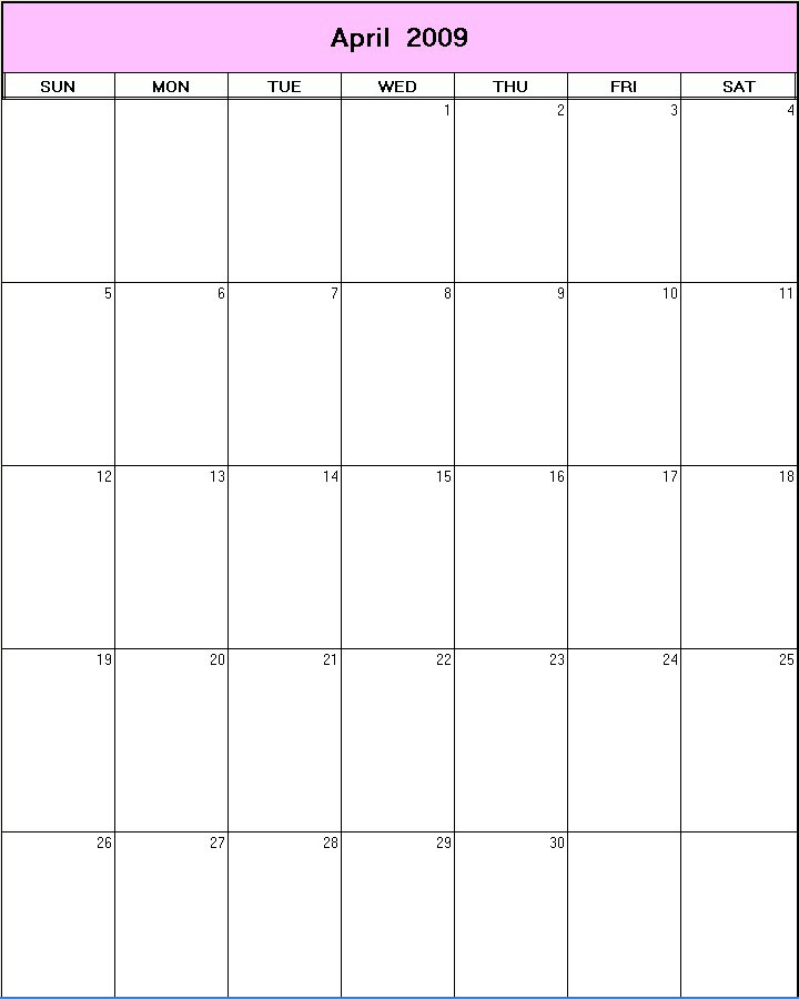 printable blank calendar image for April 2009