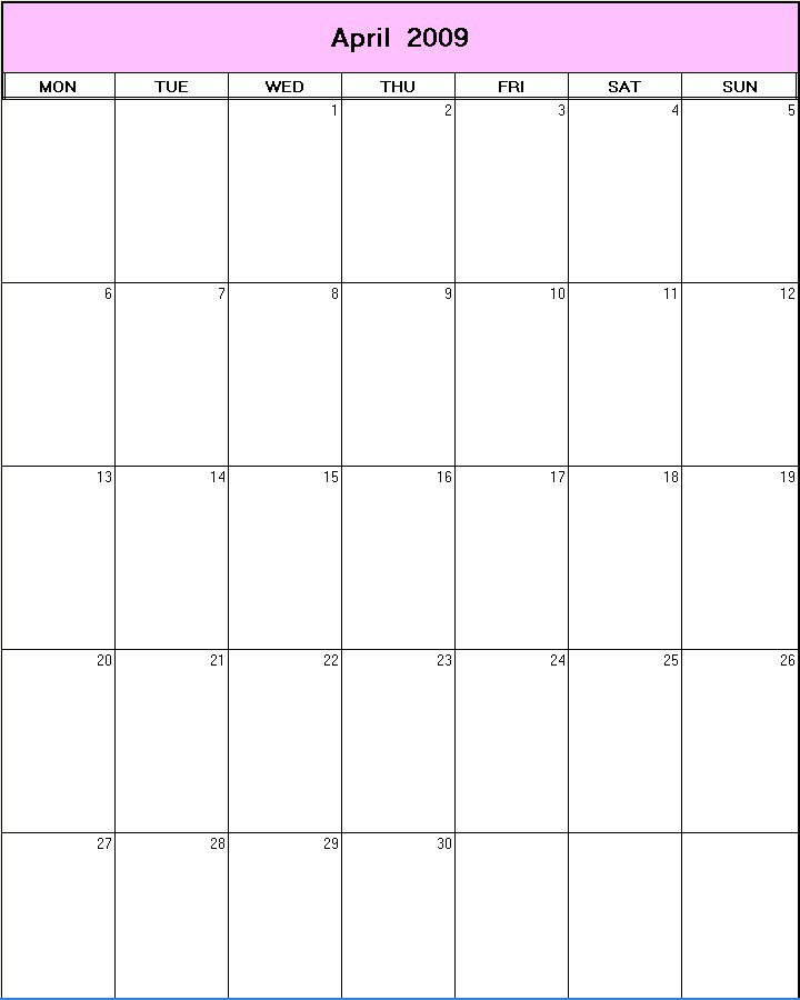 printable blank calendar image for April 2009