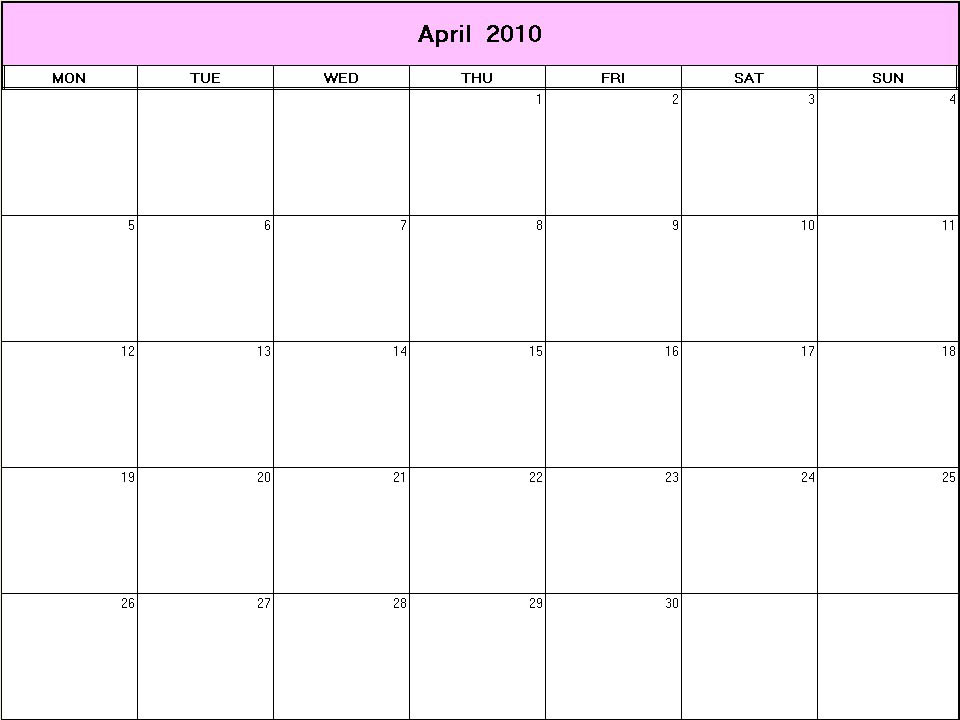 printable blank calendar image for April 2010