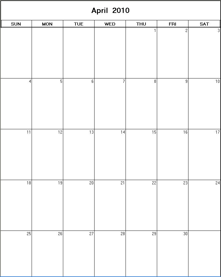 printable blank calendar image for April 2010