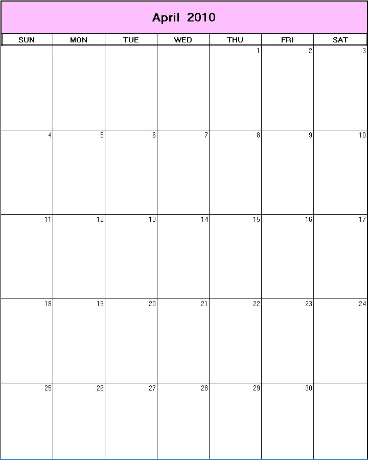 printable blank calendar image for April 2010