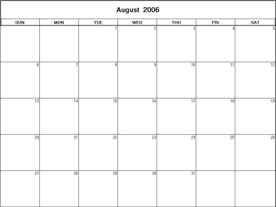 printable blank calendar image for August 2006