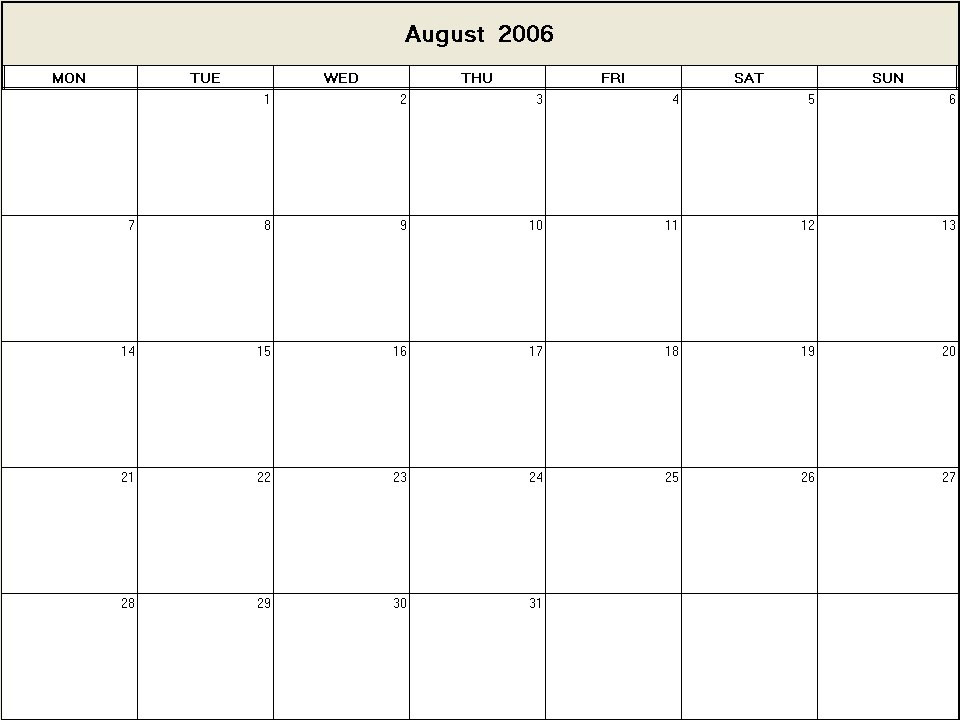 printable blank calendar image for August 2006