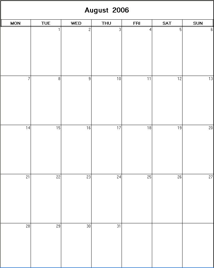 printable blank calendar image for August 2006
