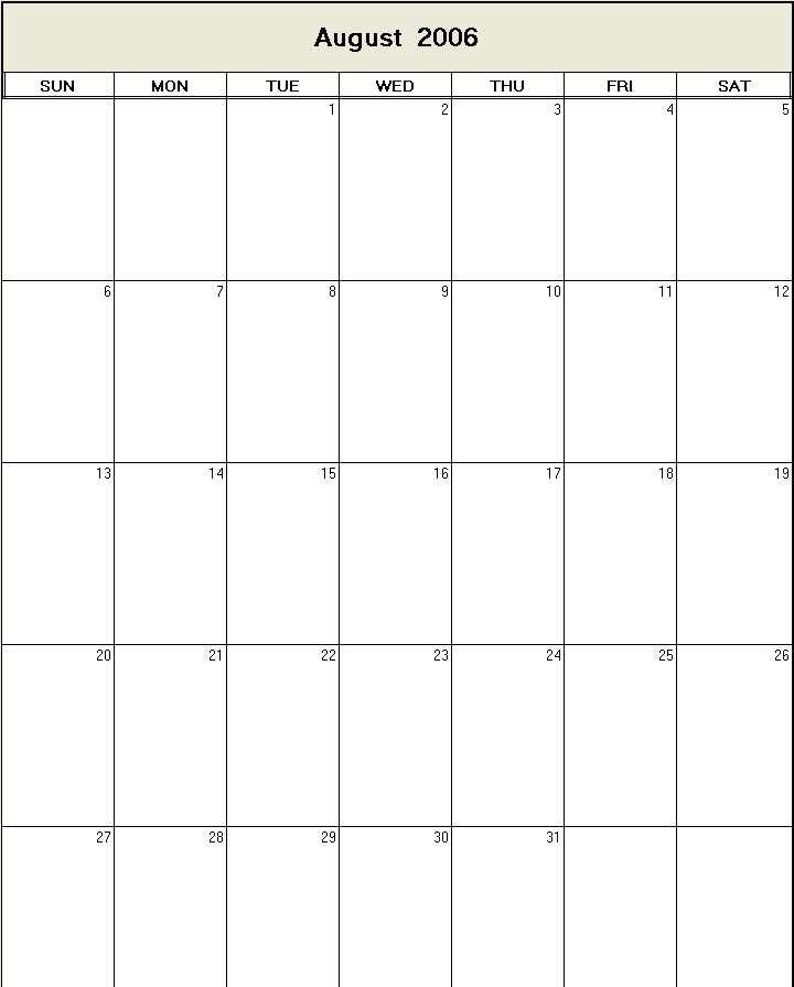 printable blank calendar image for August 2006