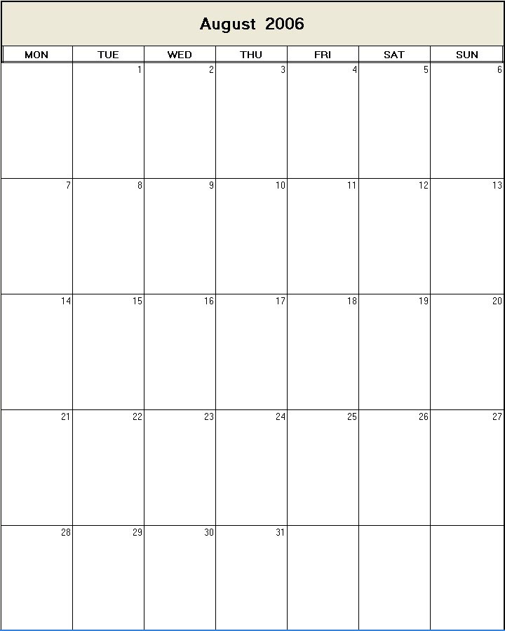 printable blank calendar image for August 2006