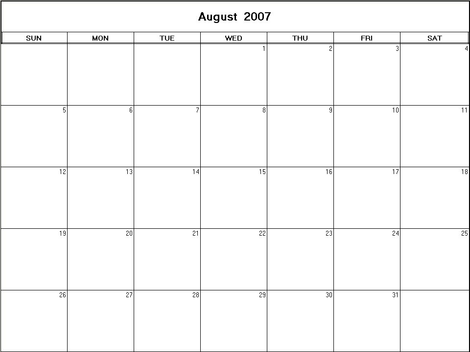 printable blank calendar image for August 2007
