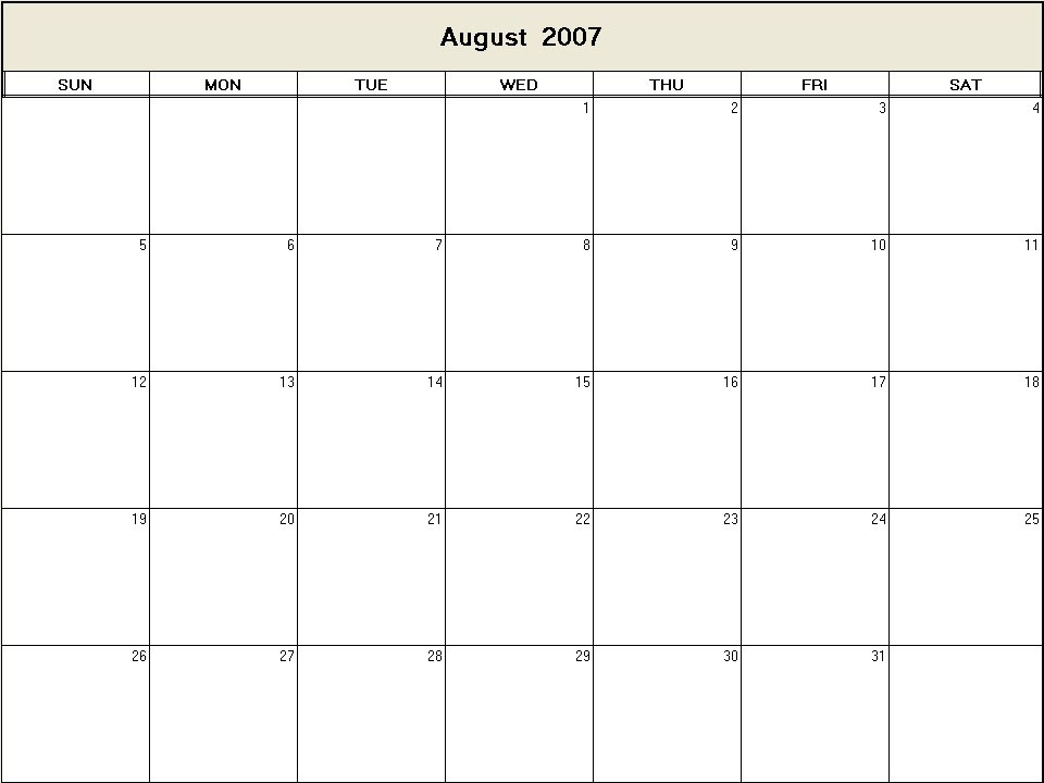 printable blank calendar image for August 2007