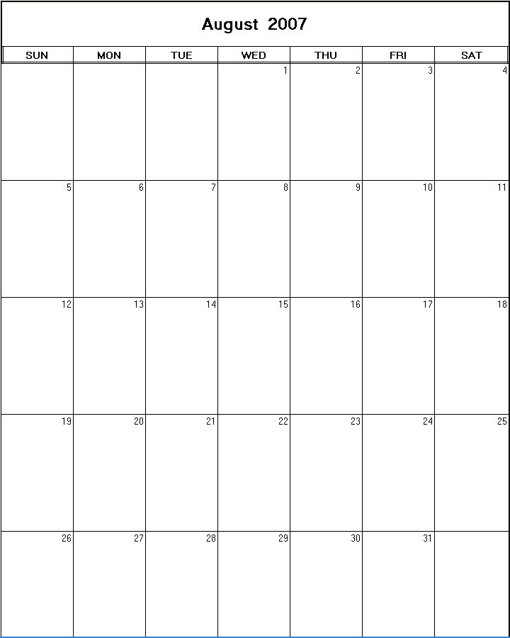 printable blank calendar image for August 2007