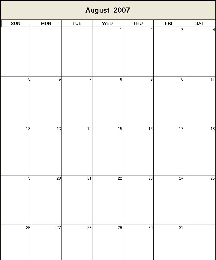 printable blank calendar image for August 2007