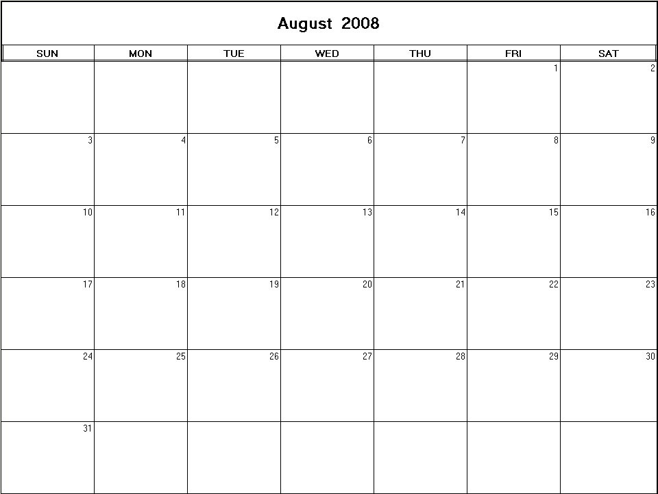 printable blank calendar image for August 2008