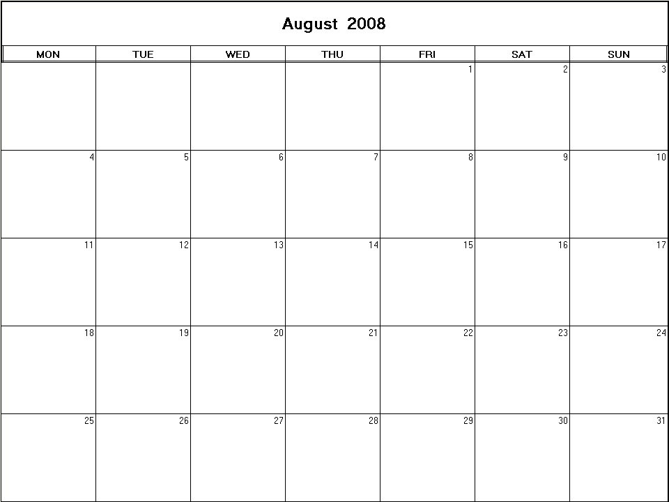 printable blank calendar image for August 2008