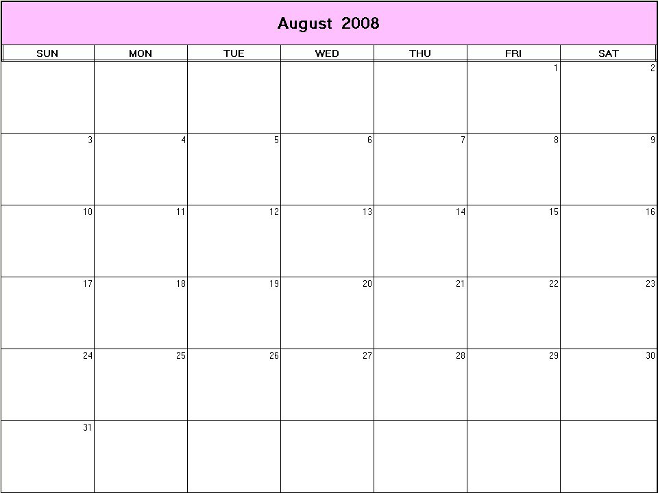 printable blank calendar image for August 2008
