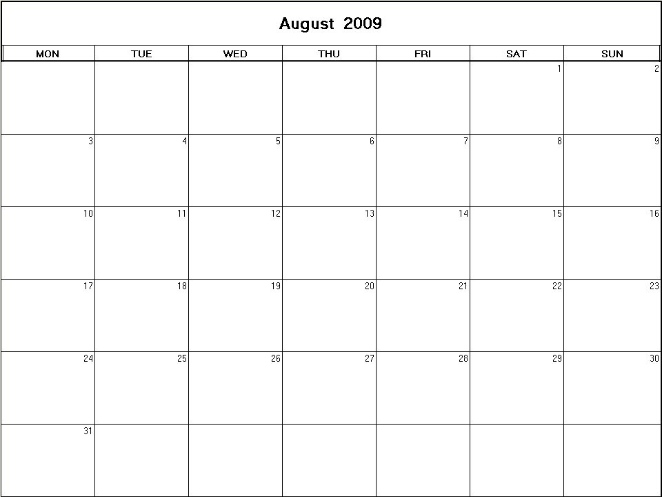 printable blank calendar image for August 2009