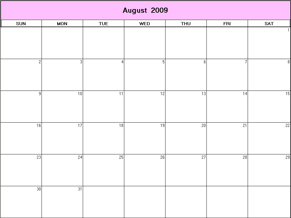 printable blank calendar image for August 2009