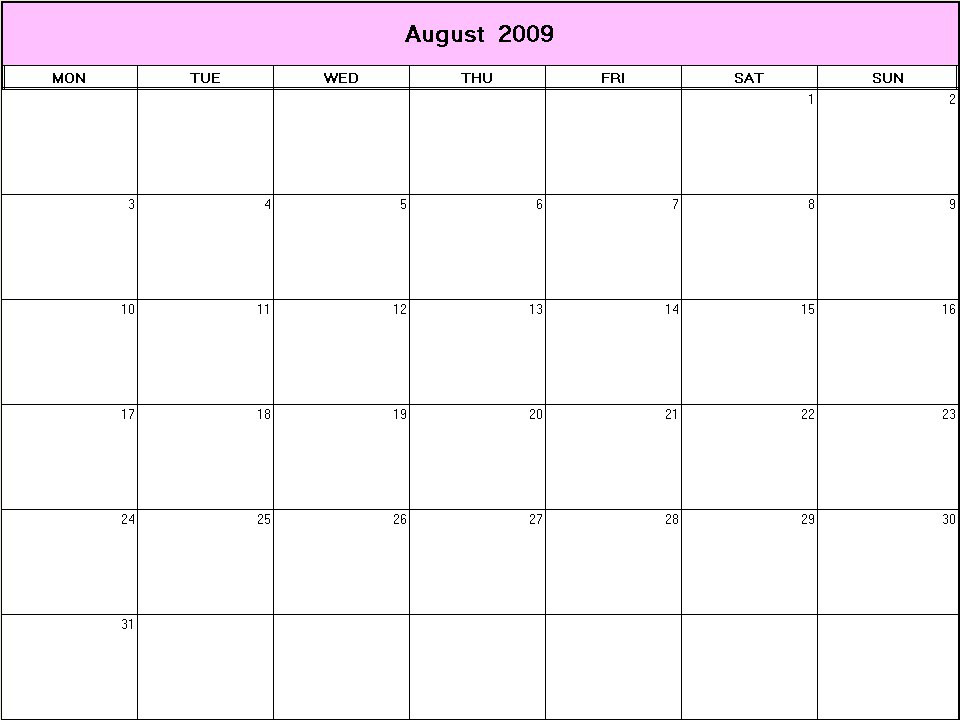 printable blank calendar image for August 2009