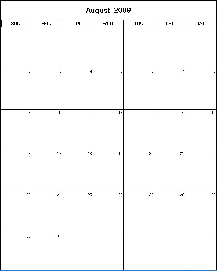 printable blank calendar image for August 2009