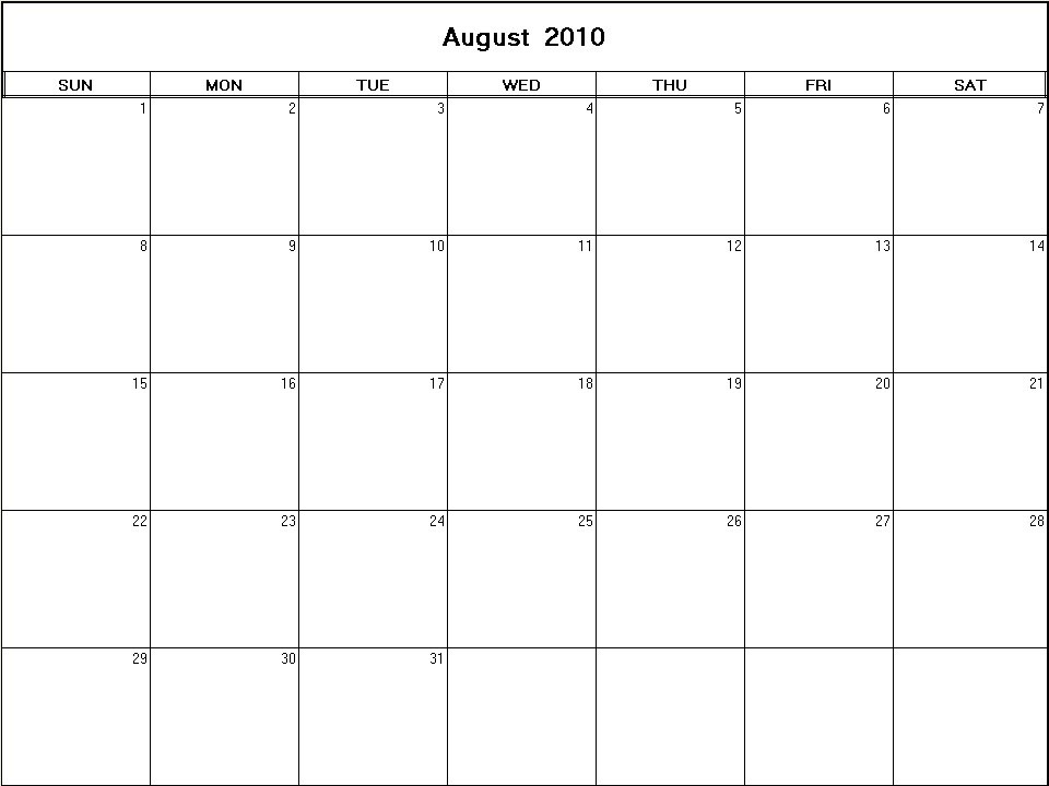 printable blank calendar image for August 2010
