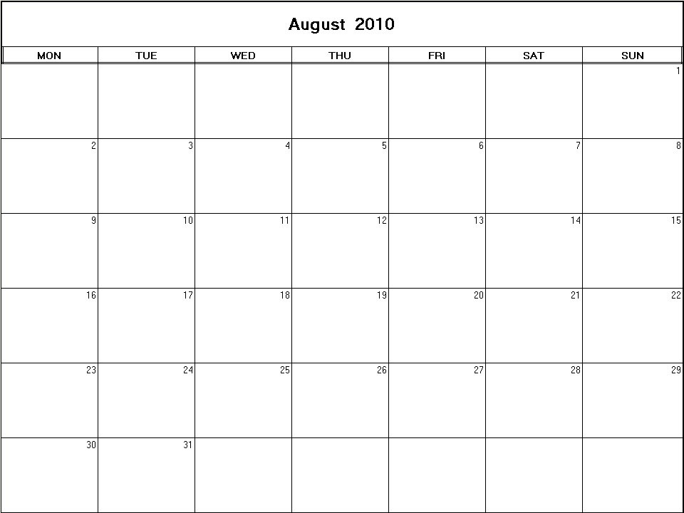 printable blank calendar image for August 2010