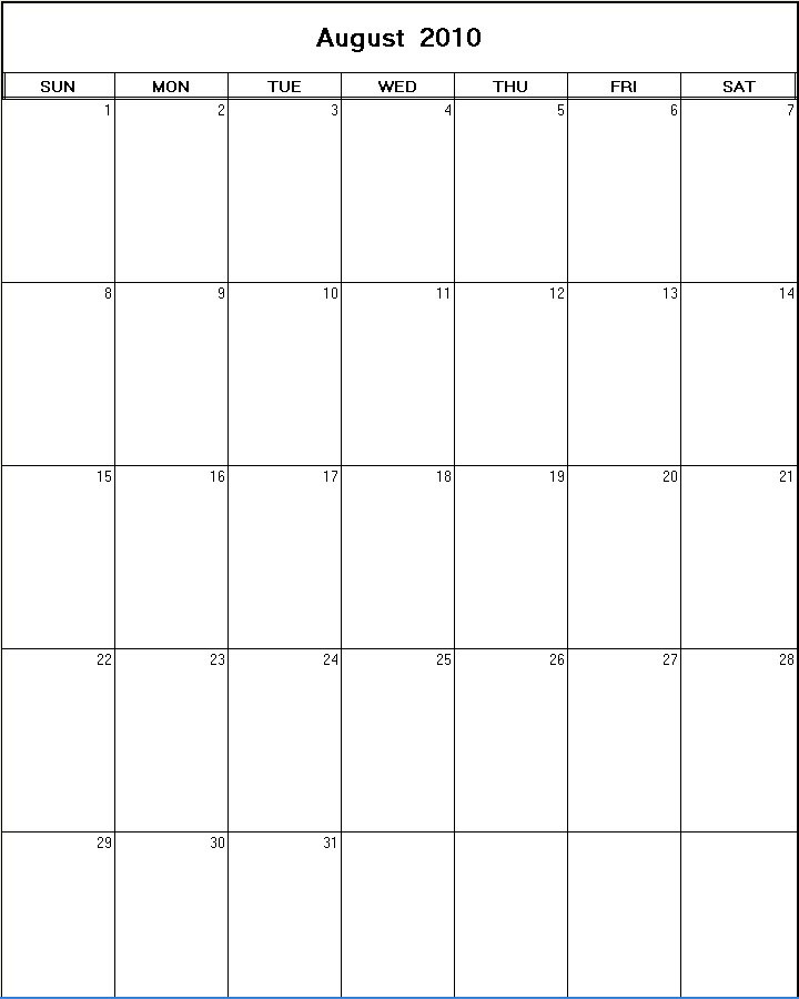 printable blank calendar image for August 2010
