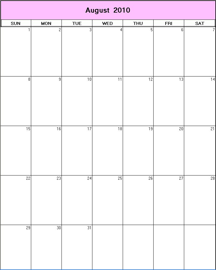 printable blank calendar image for August 2010