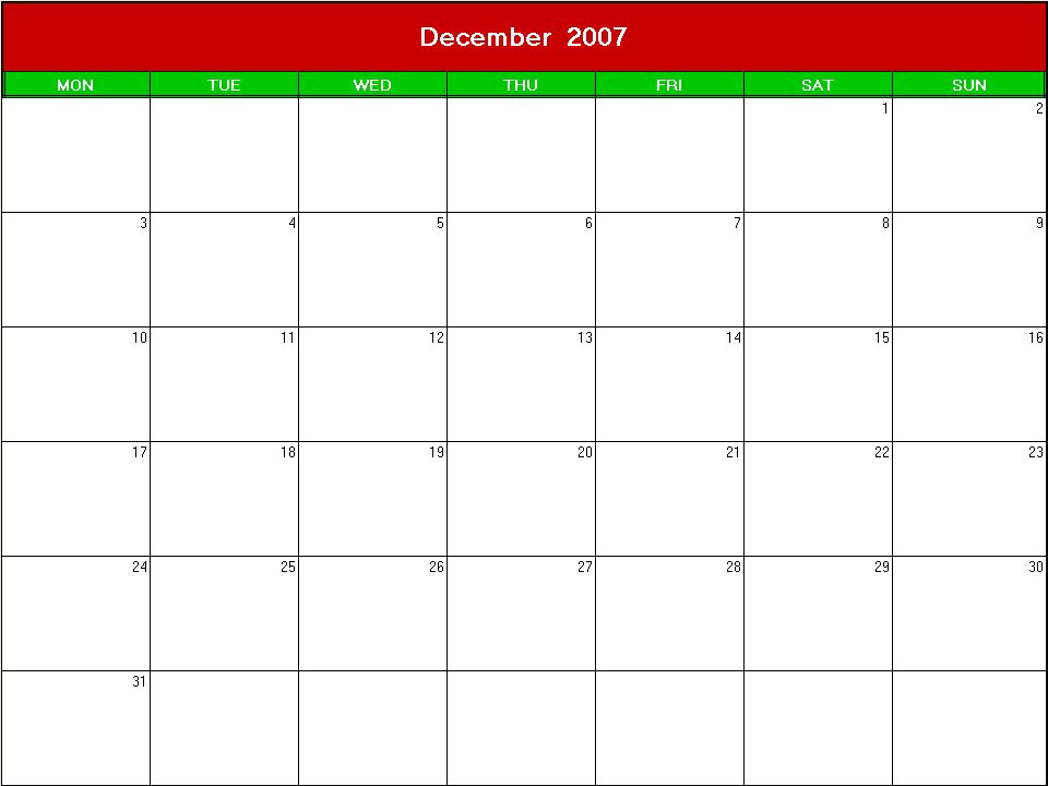 printable blank calendar image for christmas 2007