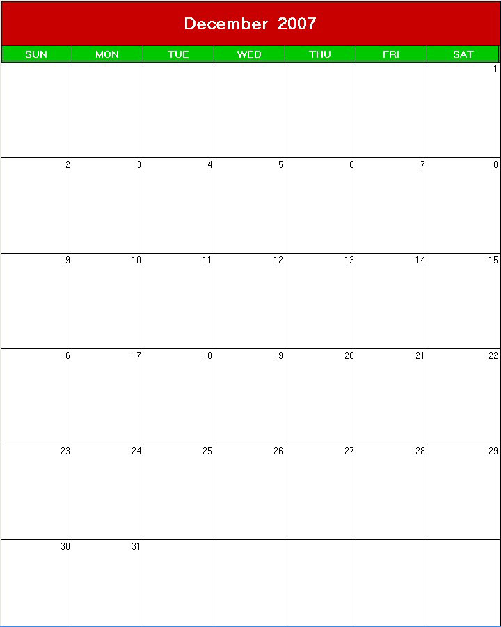 printable blank calendar image for christmas 2007