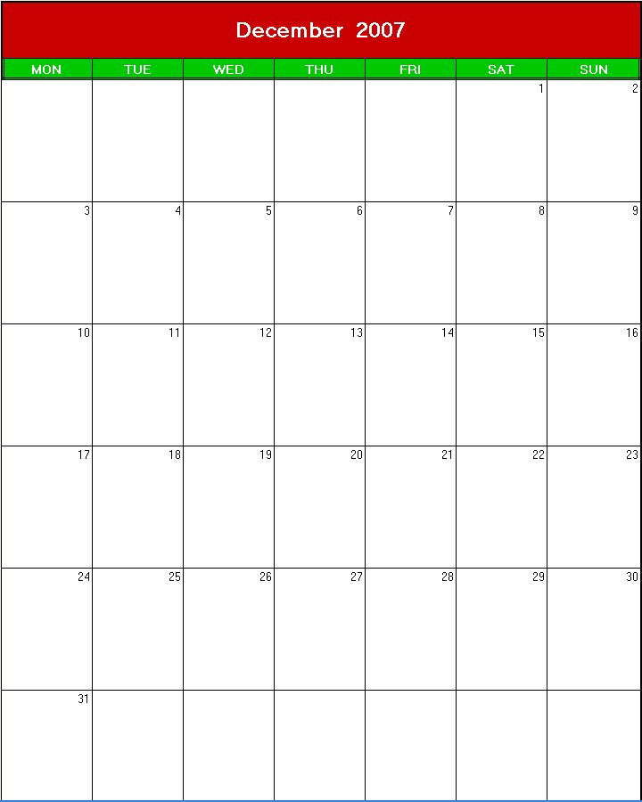 printable blank calendar image for christmas 2007