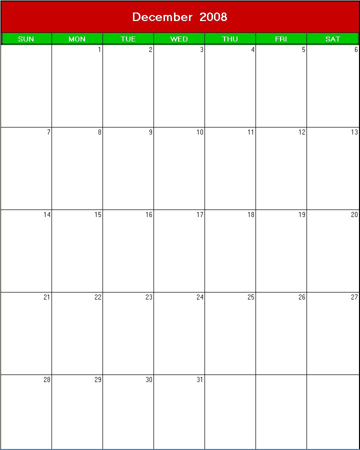 printable blank calendar image for christmas 2008