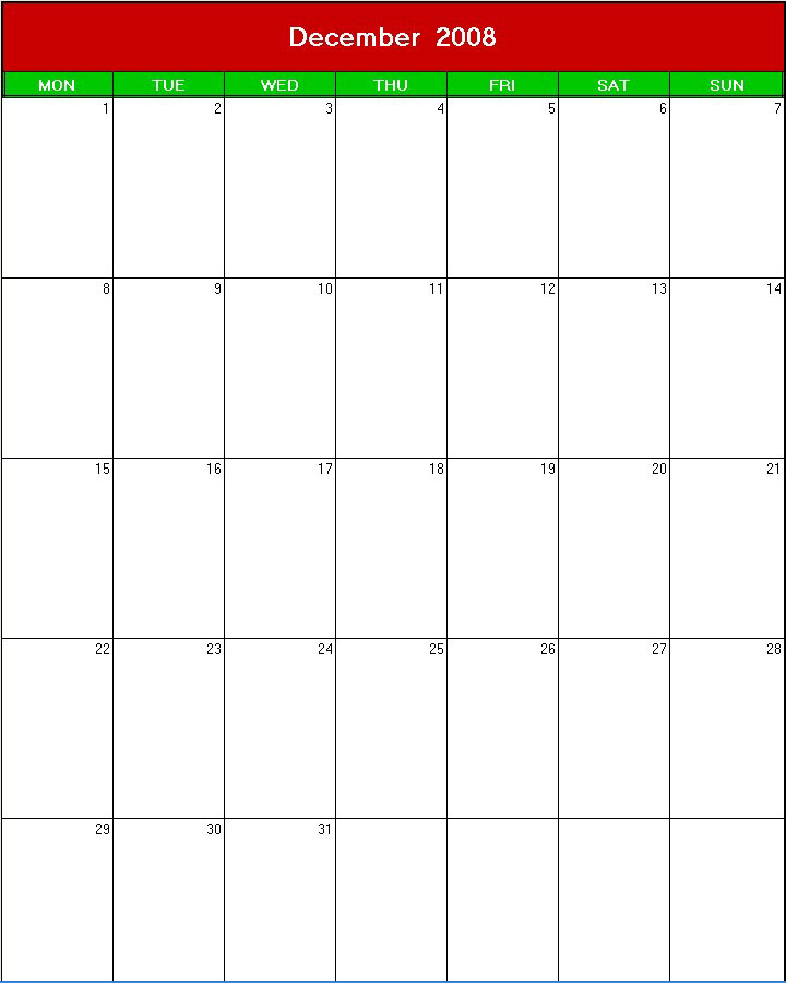 printable blank calendar image for christmas 2008