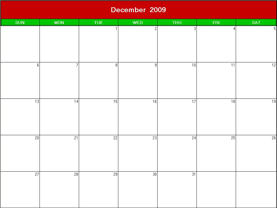 printable blank calendar image for christmas 2009