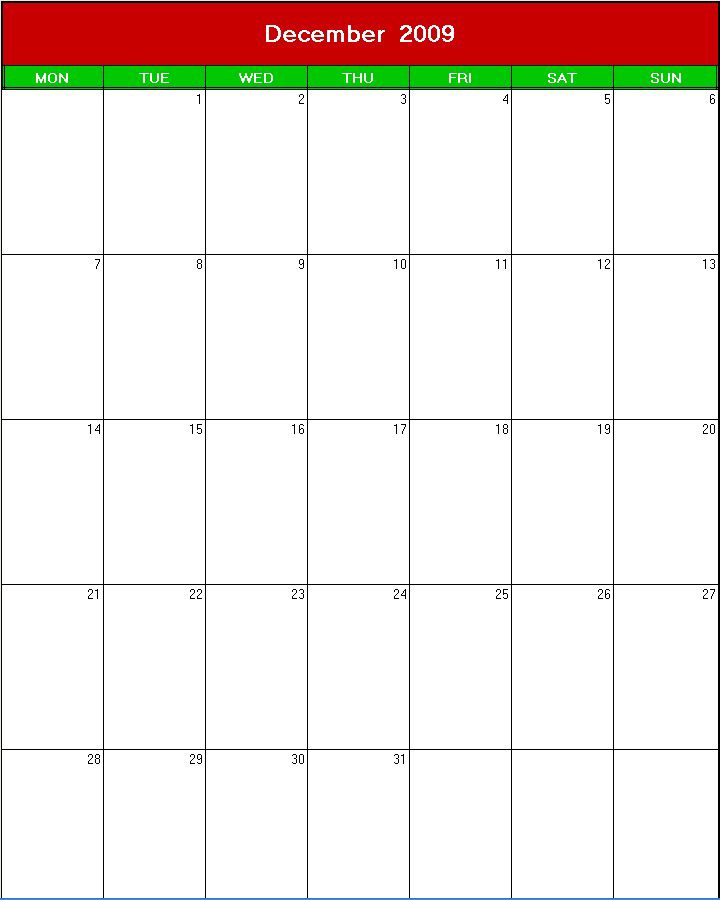 printable blank calendar image for christmas 2009