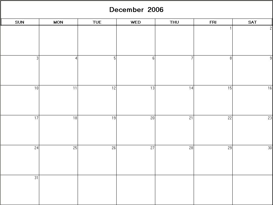 printable blank calendar image for December 2006