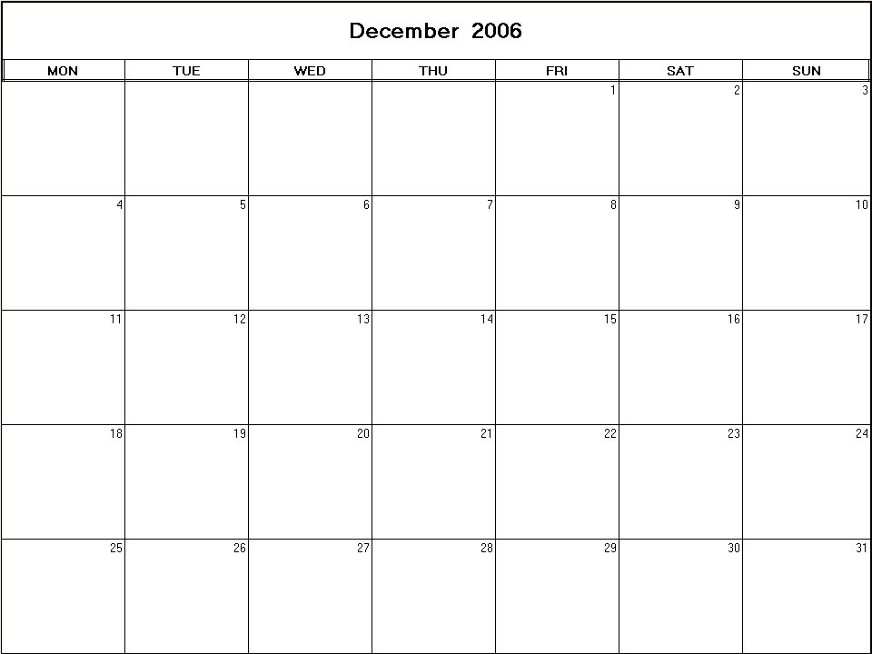 printable blank calendar image for December 2006