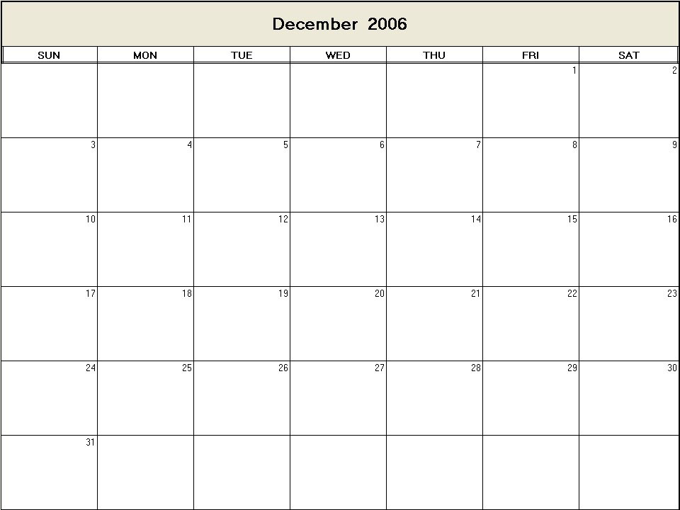 printable blank calendar image for December 2006