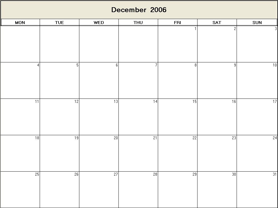 printable blank calendar image for December 2006