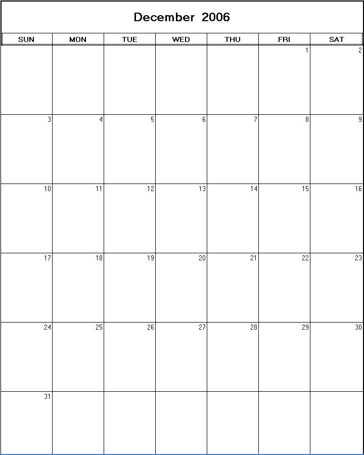 printable blank calendar image for December 2006