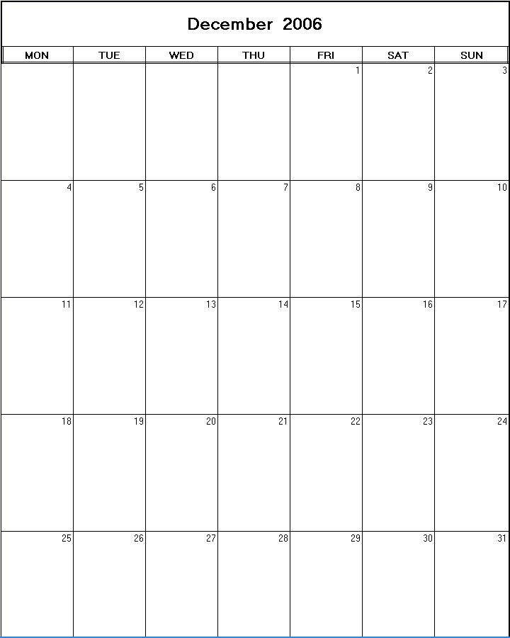 printable blank calendar image for December 2006