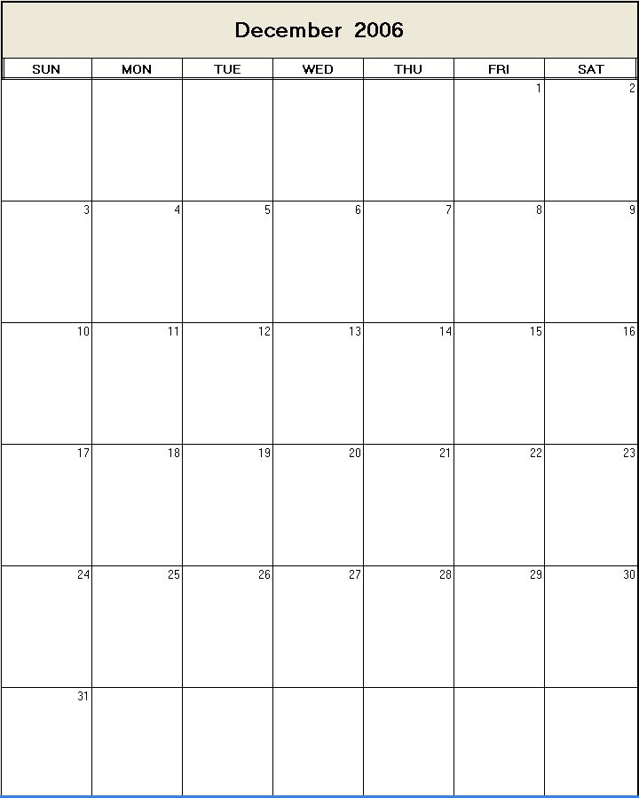 printable blank calendar image for December 2006