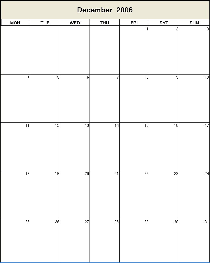 printable blank calendar image for December 2006