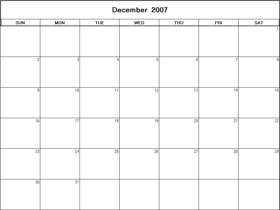 printable blank calendar image for December 2007