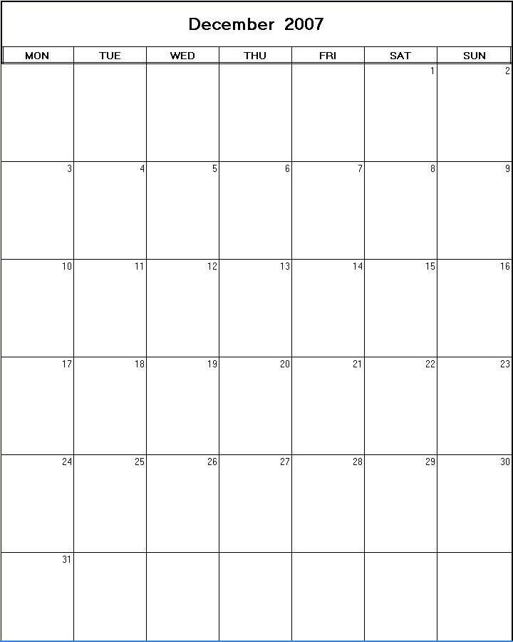 printable blank calendar image for December 2007