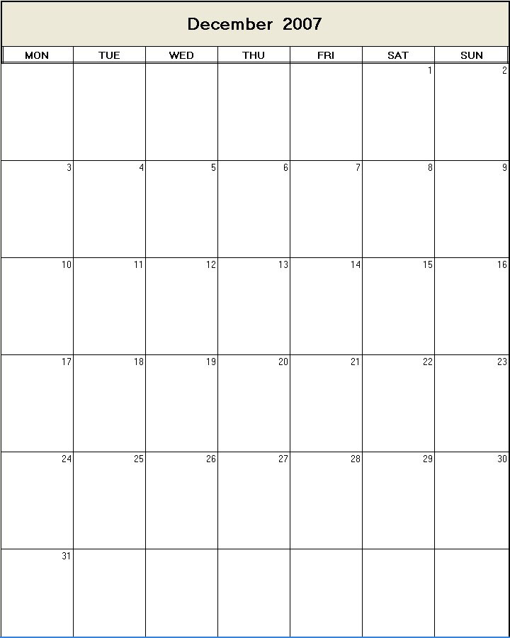 printable blank calendar image for December 2007