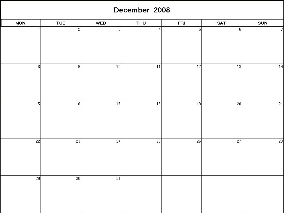 printable blank calendar image for December 2008