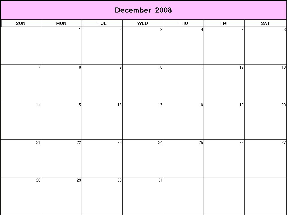 printable blank calendar image for December 2008