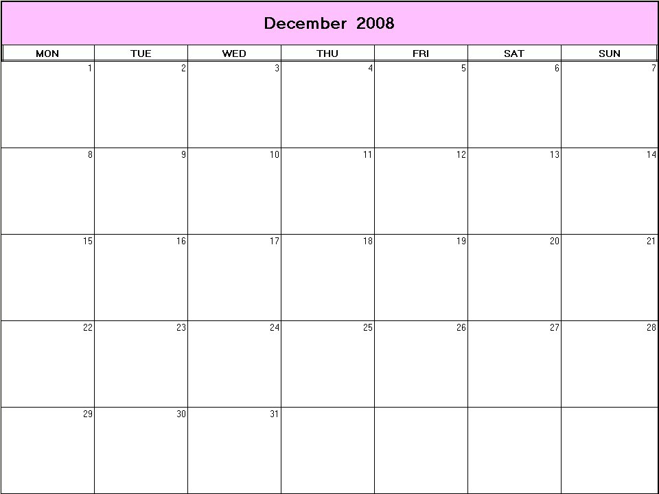 printable blank calendar image for December 2008