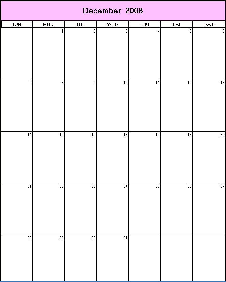 printable blank calendar image for December 2008