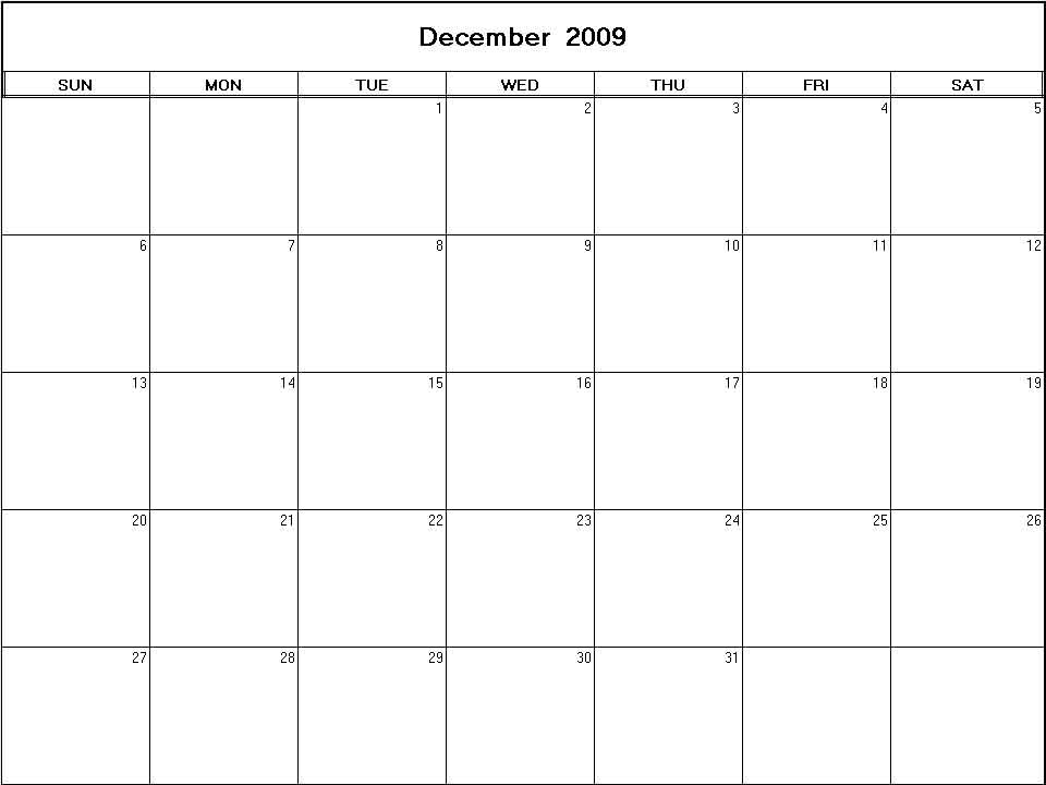 printable blank calendar image for December 2009